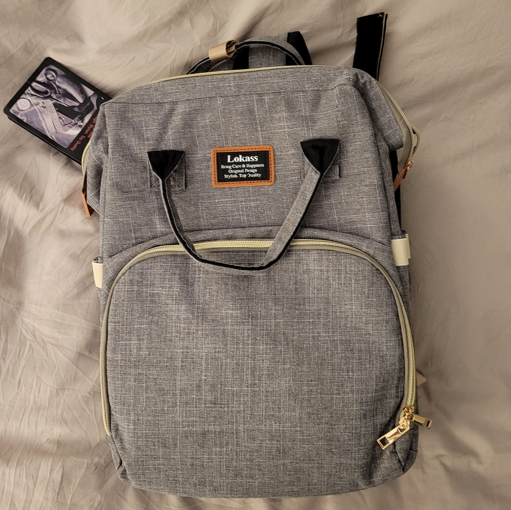 Lokass grey diaper bag backpack, new with tags